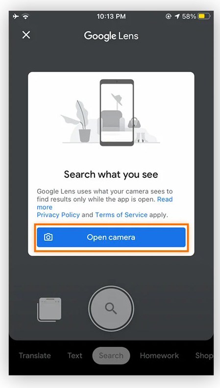 نمایی از گوگل لنز که سعی دارد با دکمه «Open Camera» به دوربین دسترسی پیدا کند