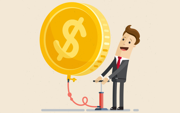 تصویر کارتونی باد کردن سکه‌ای با نقش دلار با تلمبه دستی توسط یک کارمند با مفهوم افزایش حقوق و دستمزد