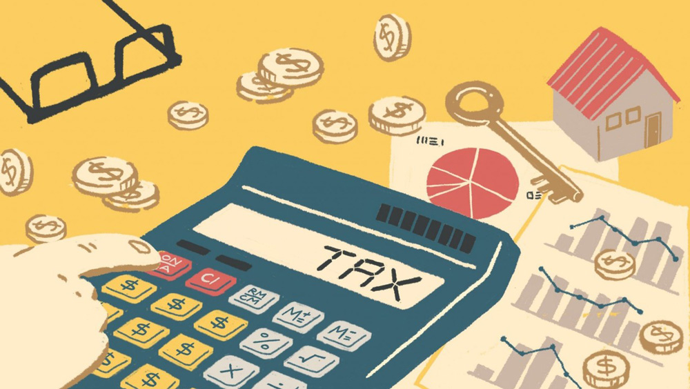 تصویر کارتونی ماشین حساب، سکه‌هایی با نقش دلار و برگه‌های تحلیل مالی با مفهوم مالیات بر گردش حساب‌های شخصی